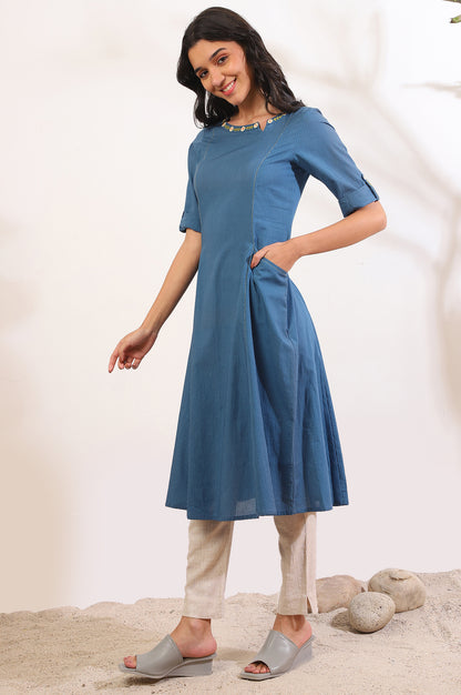 Blue Solid Straight Pure Cotton Kurta