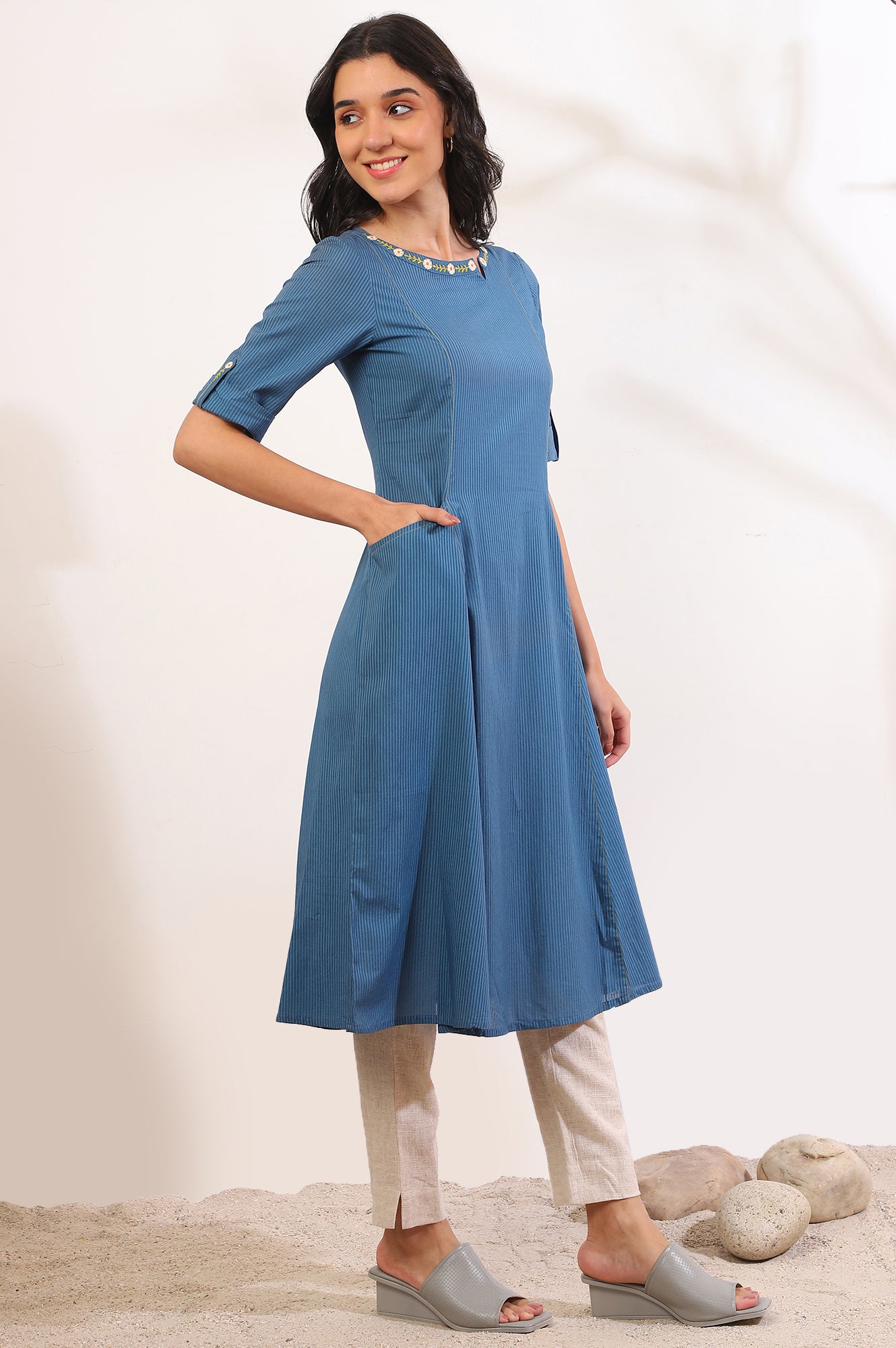 Blue Solid Straight Pure Cotton Kurta