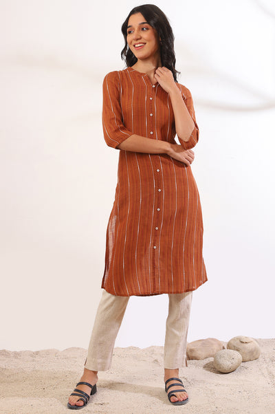 Orange Yarn Dyed Straight Cotton Blend Kurta