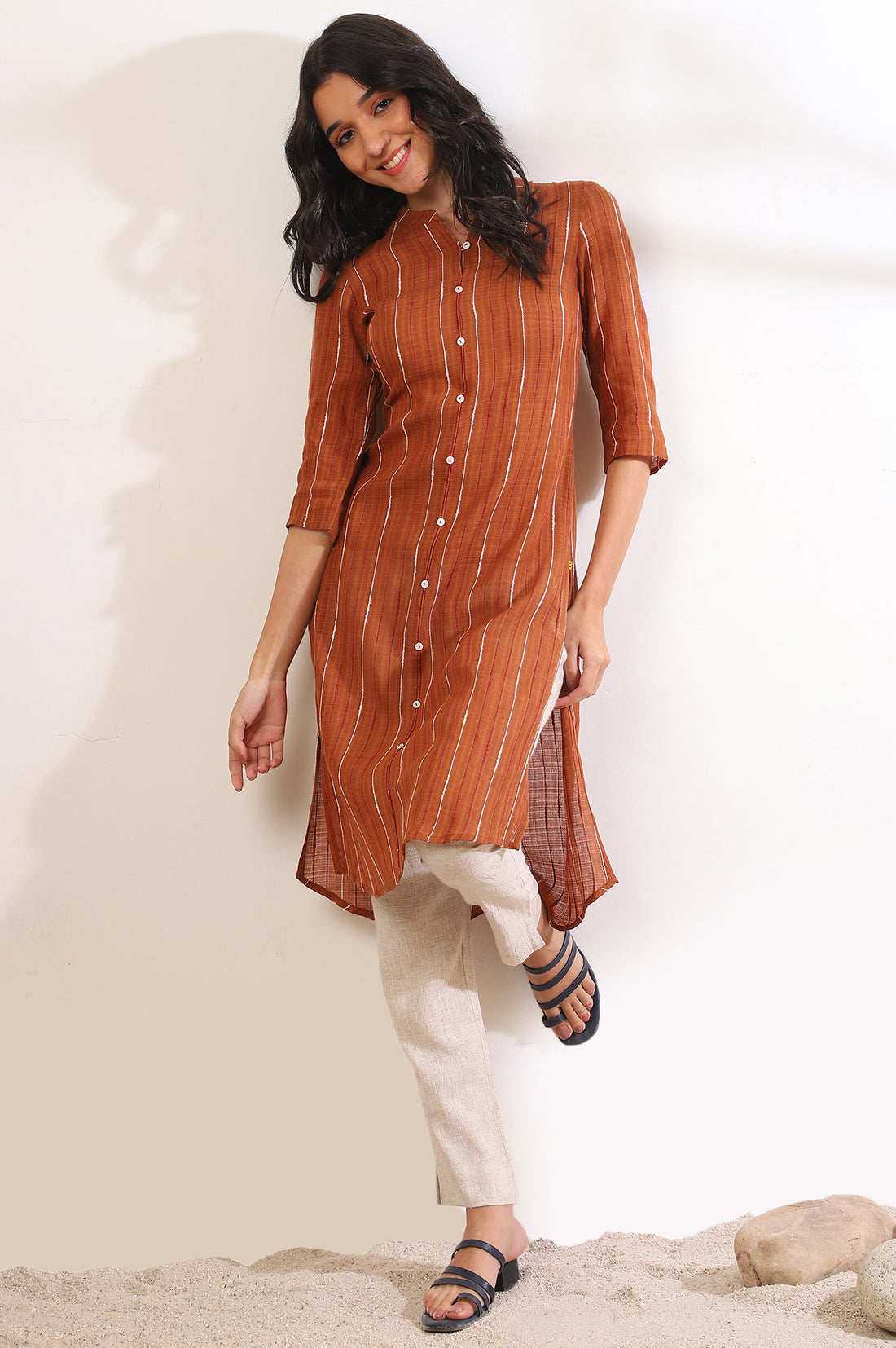 Orange Yarn Dyed Straight Cotton Blend Kurta