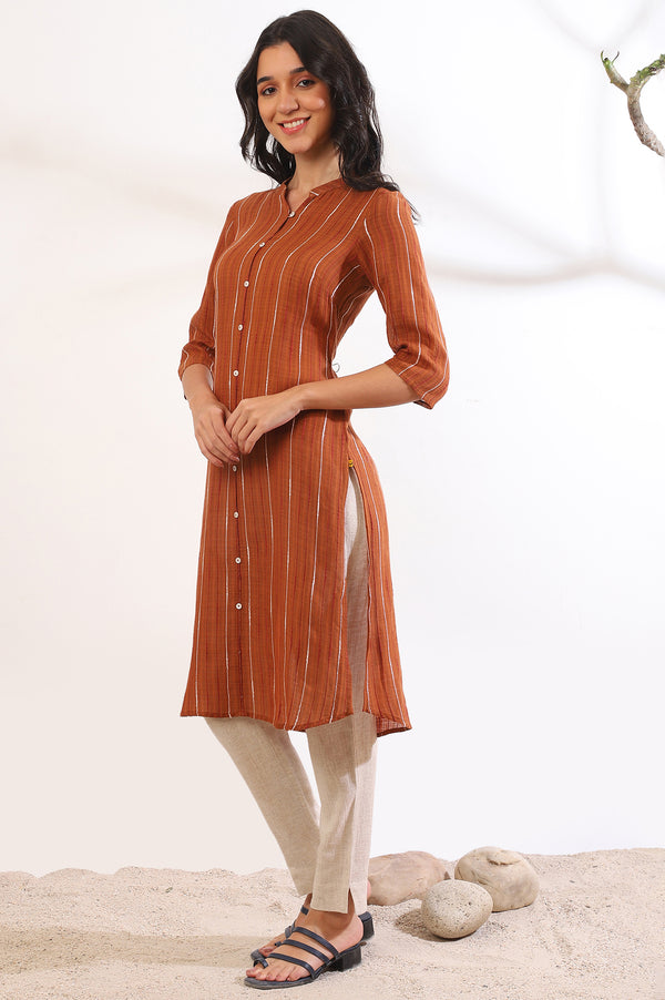 Orange Yarn Dyed Straight Cotton Blend Kurta