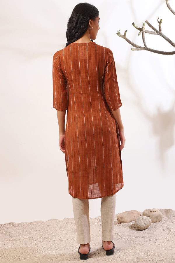 Orange Yarn Dyed Straight Cotton Blend Kurta