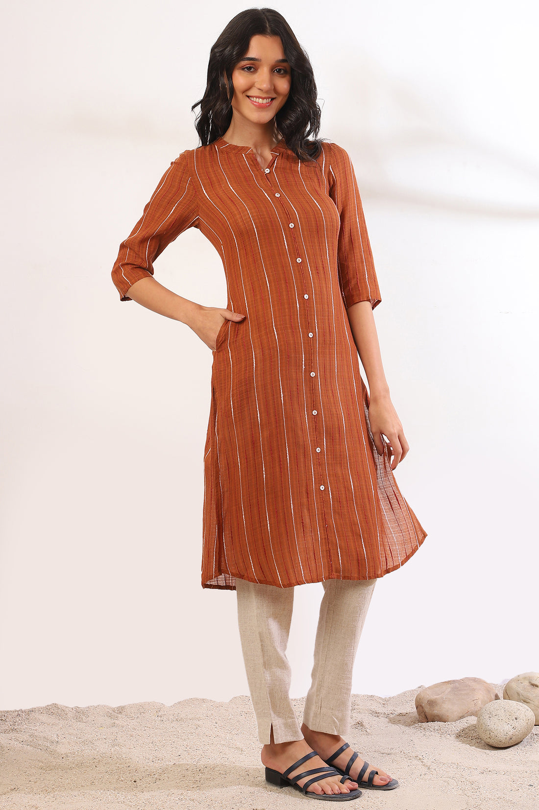 Orange Yarn Dyed Straight Cotton Blend Kurta