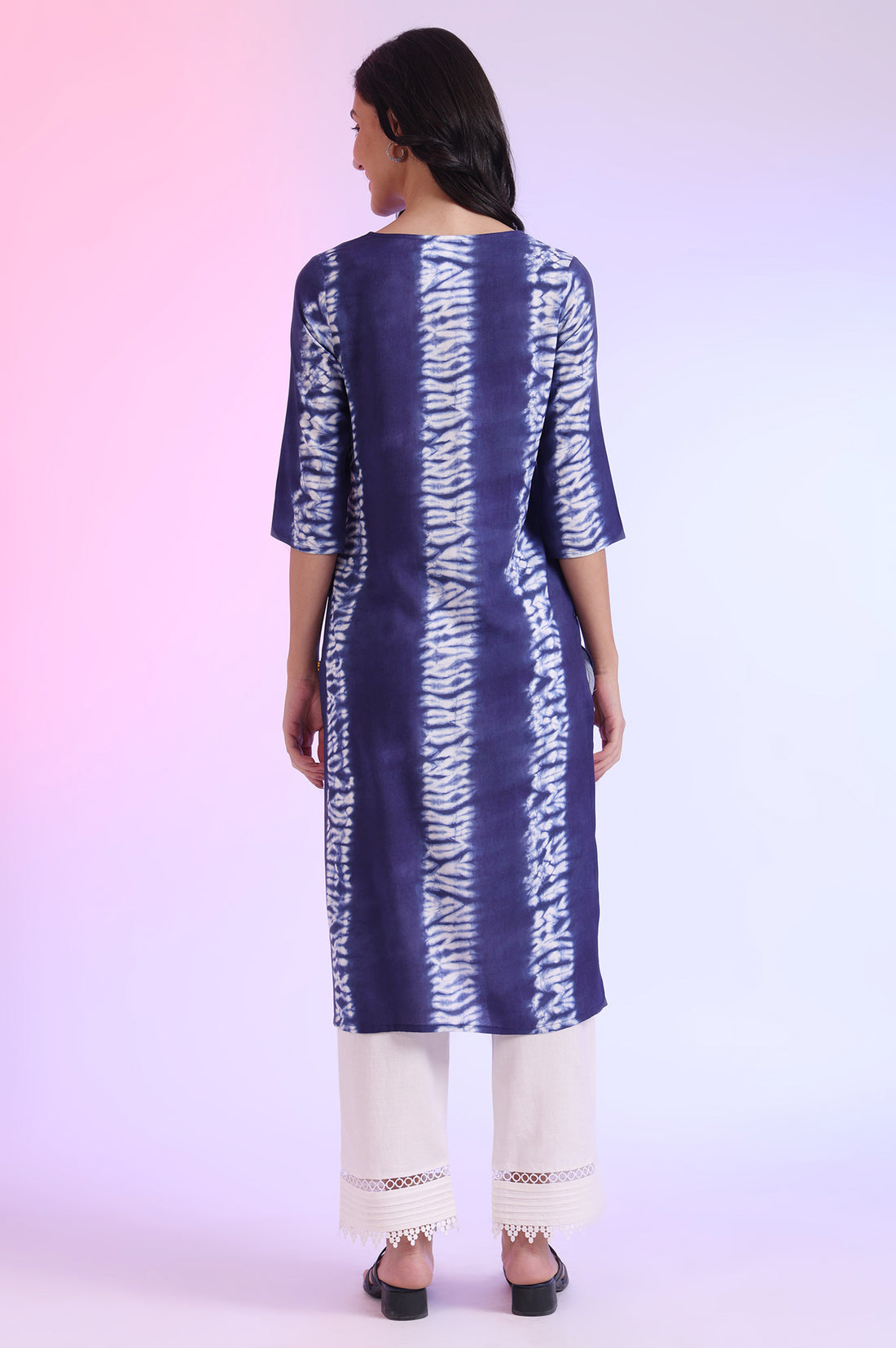 Blue Shibori Printed Thread Embroidered Straight Kurta