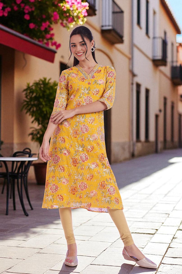 Yellow Floral Printed Chiffon A-line Kurta