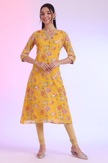 Yellow Floral Printed Chiffon A-line Kurta