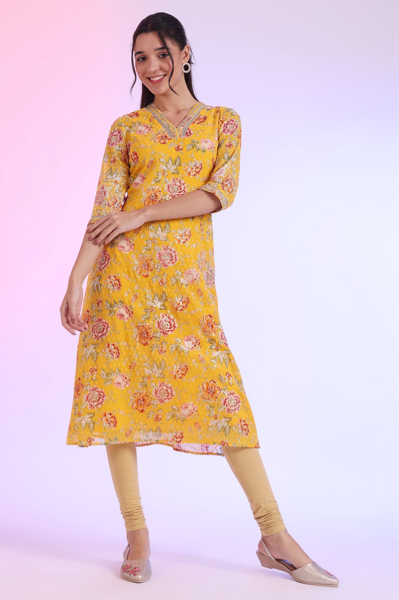 Yellow Floral Printed Chiffon A-line Kurta