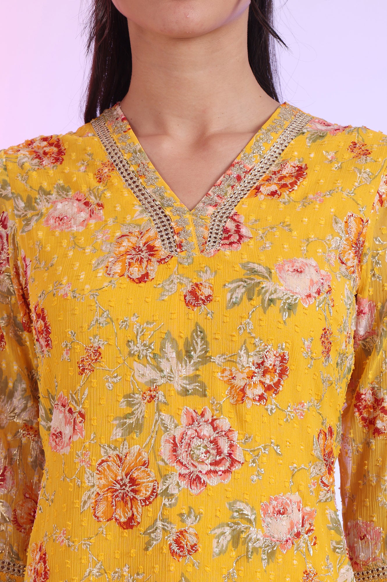 Yellow Floral Printed Chiffon A-line Kurta