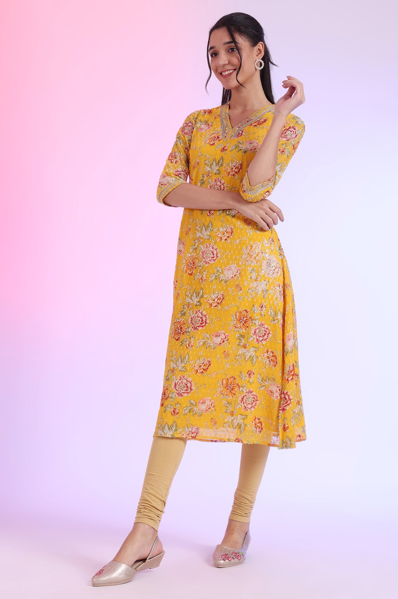 Yellow Floral Printed Chiffon A-line Kurta