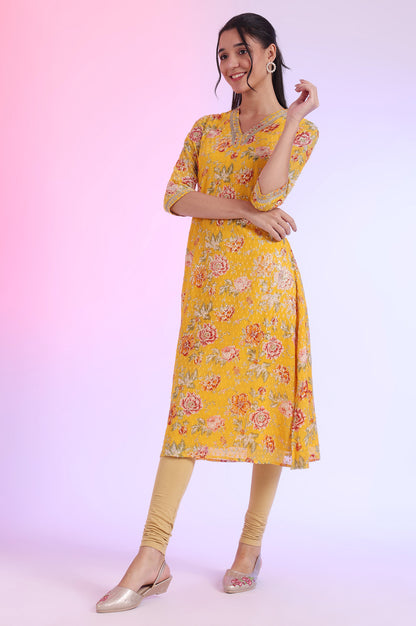 Yellow Floral Printed Chiffon A-line Kurta