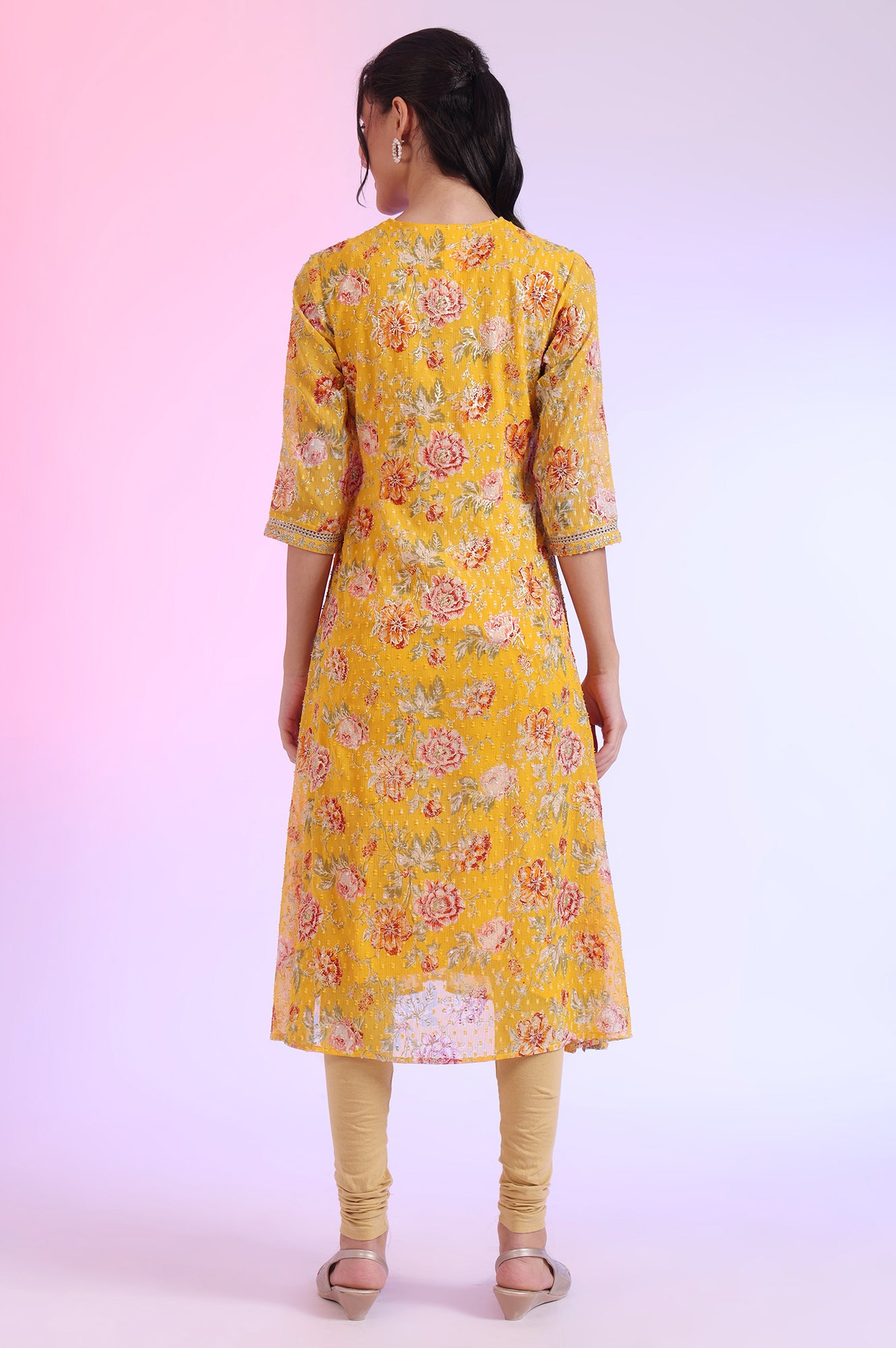 Yellow Floral Printed Chiffon A-line Kurta