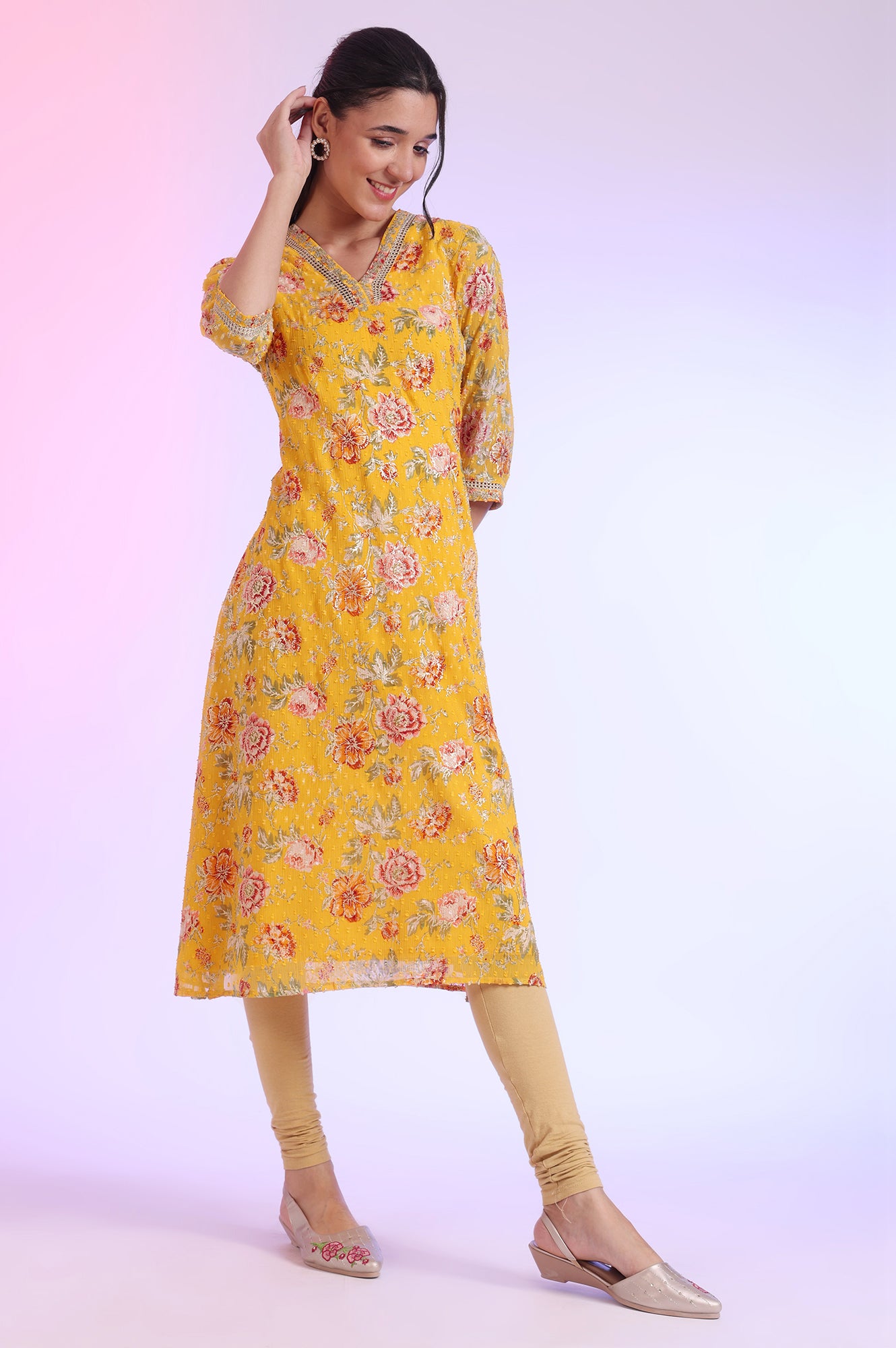 Yellow Floral Printed Chiffon A-line Kurta