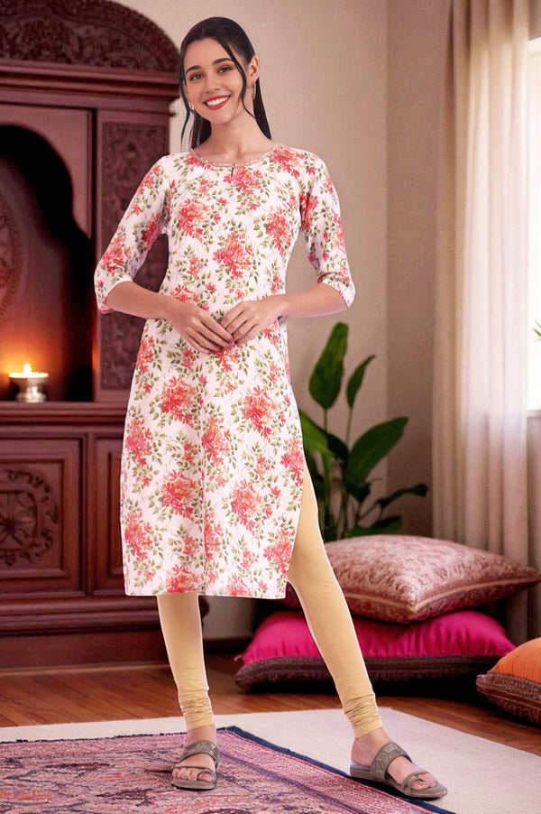 White Floral Printed Kota Straight Kurta