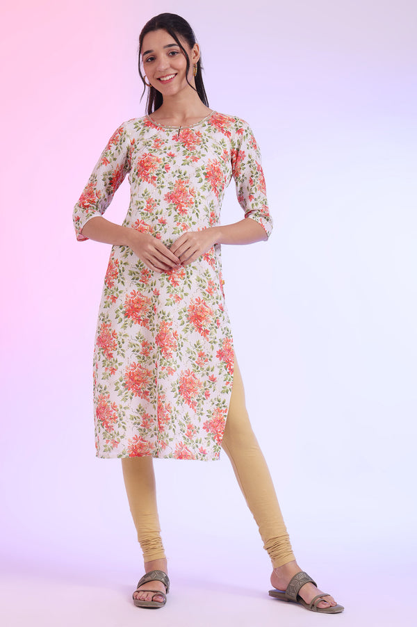 White Floral Printed Kota Straight Kurta