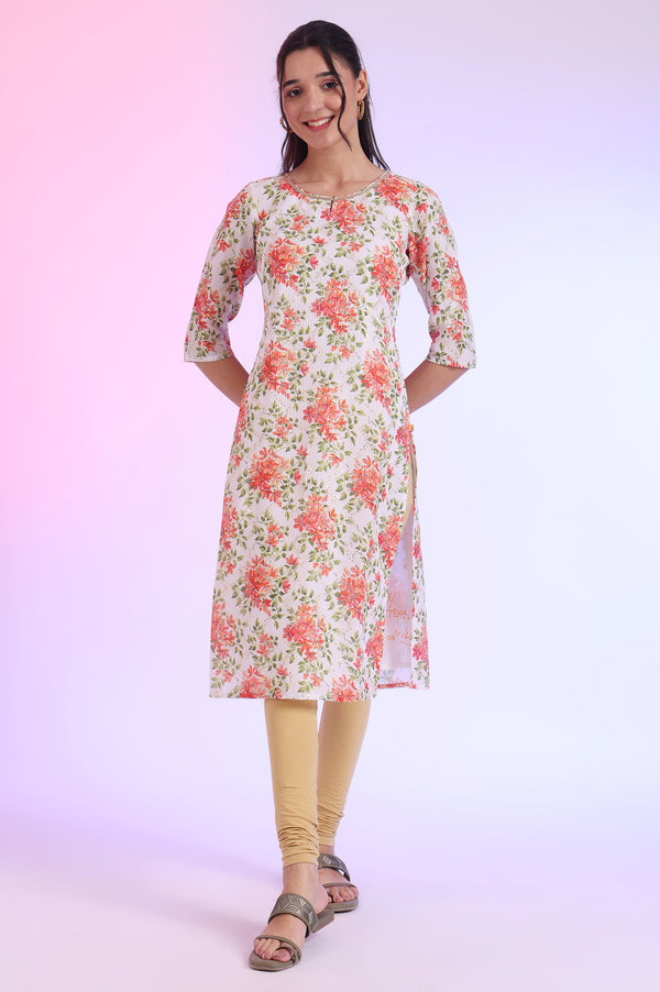 White Floral Printed Kota Straight Kurta