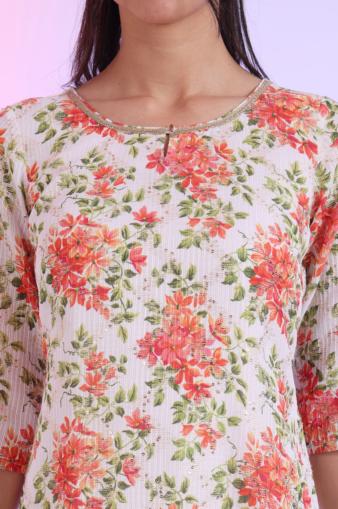 White Floral Printed Kota Straight Kurta