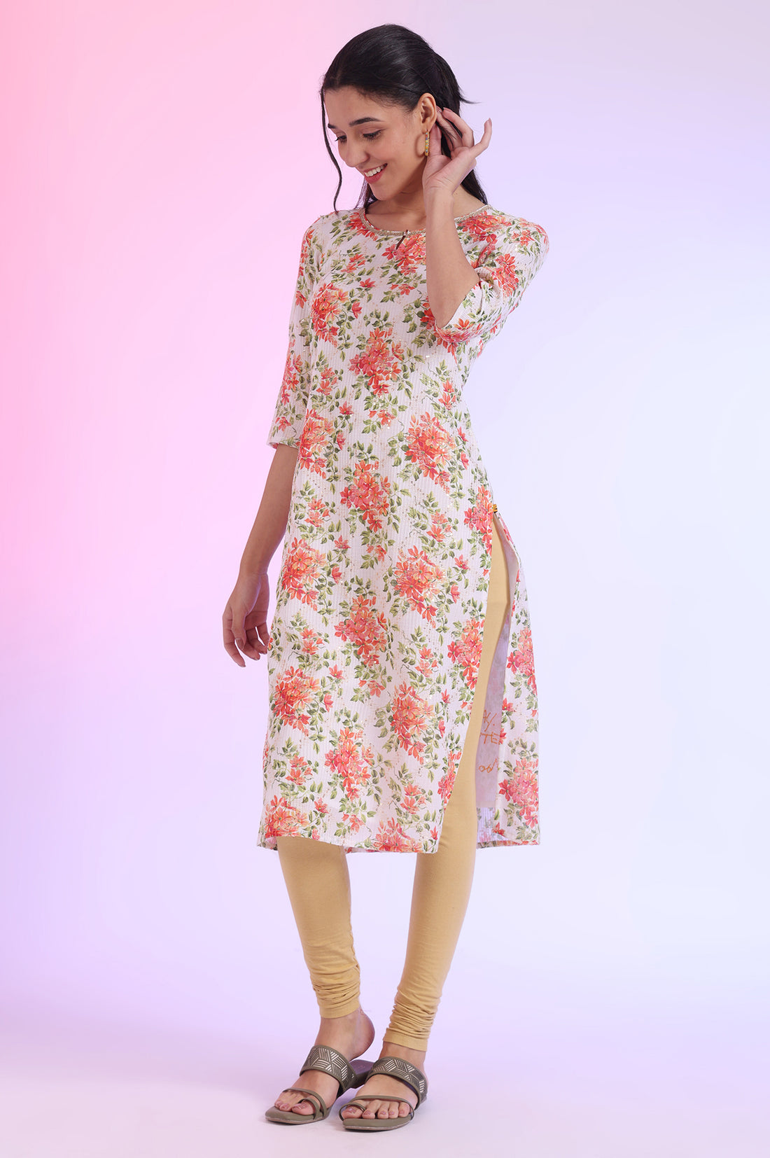 White Floral Printed Kota Straight Kurta