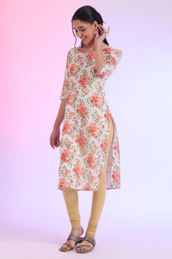 White Floral Printed Kota Straight Kurta