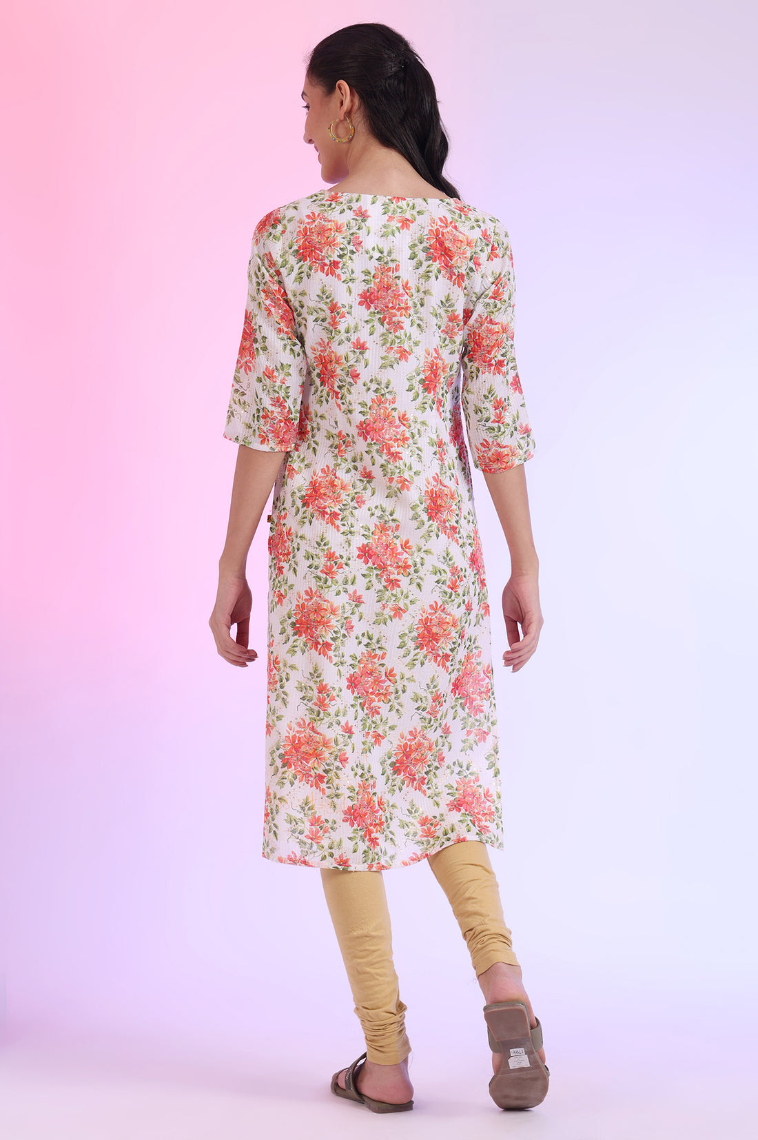 White Floral Printed Kota Straight Kurta