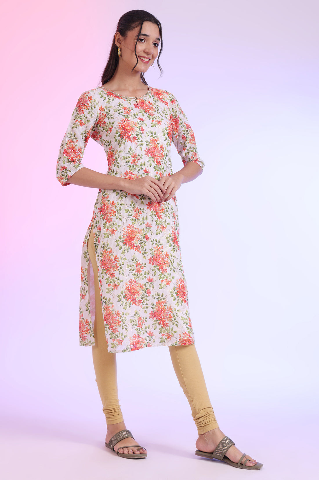 White Floral Printed Kota Straight Kurta