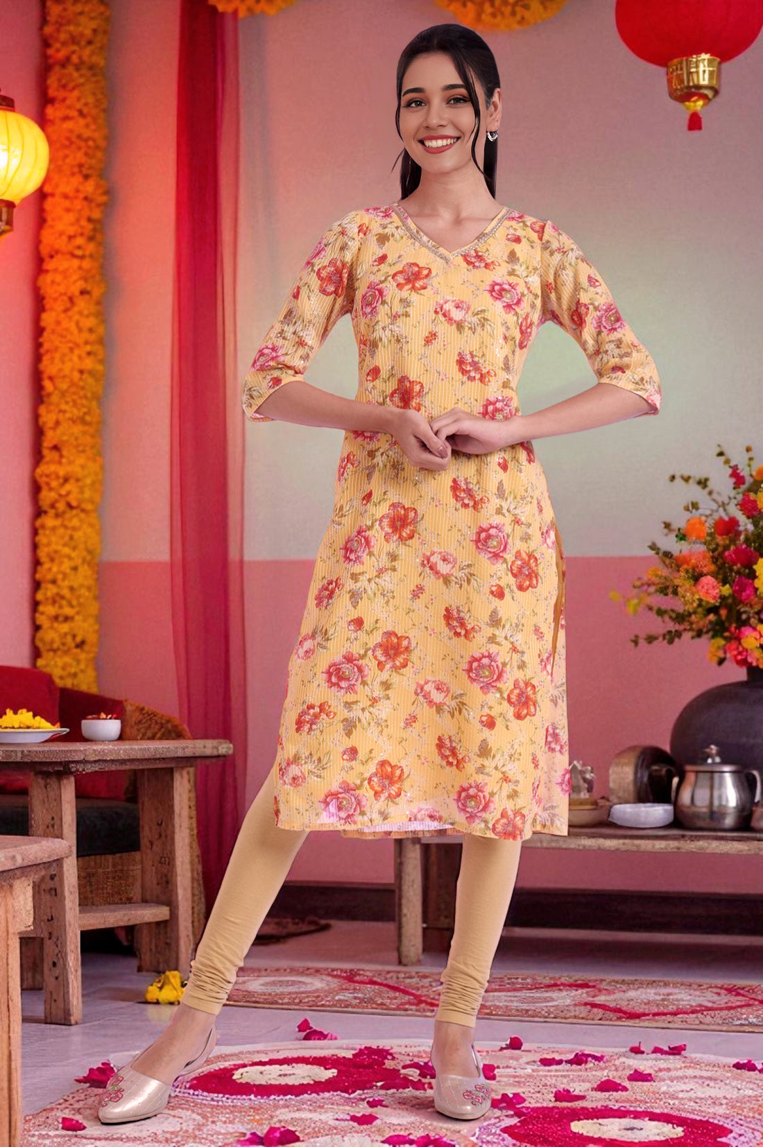 Yellow Floral Printed Embellished Georgette Straight Kurta