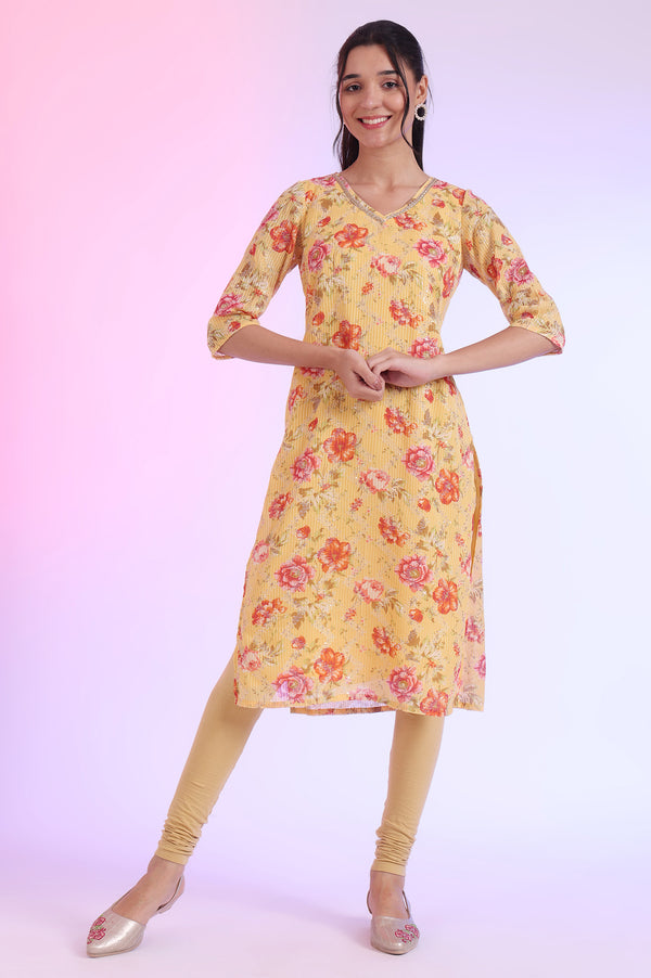 Yellow Floral Printed Embellished Georgette Straight Kurta