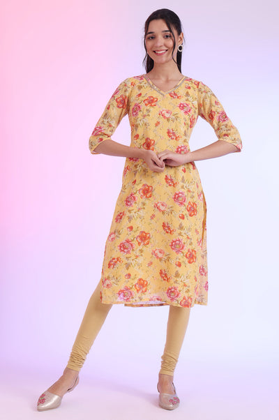 Yellow Floral Printed Embellished Georgette Straight Kurta