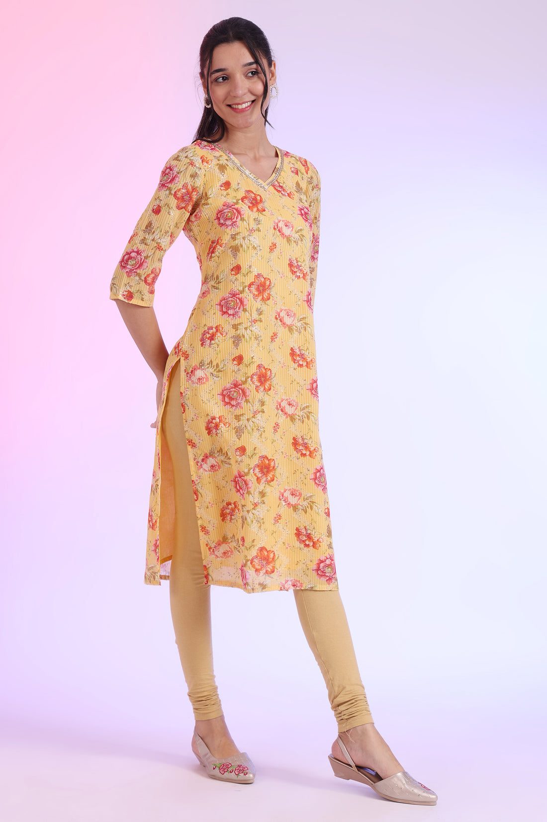 Yellow Floral Printed Embellished Georgette Straight Kurta