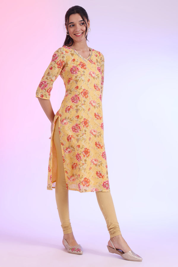 Yellow Floral Printed Embellished Georgette Straight Kurta