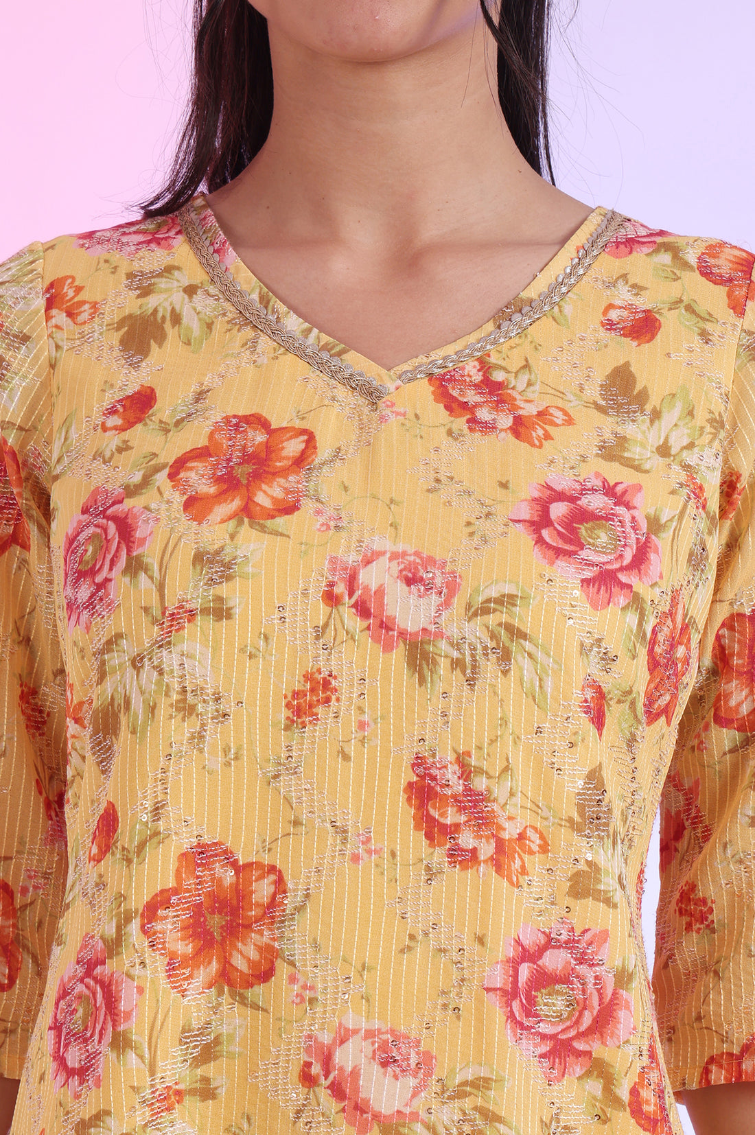 Yellow Floral Printed Embellished Georgette Straight Kurta