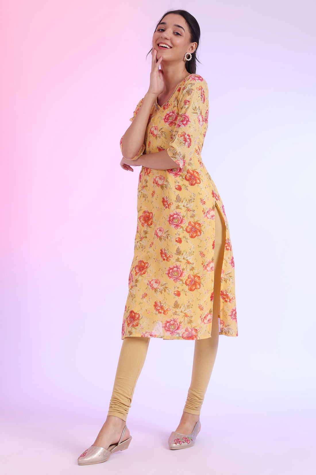 Yellow Floral Printed Embellished Georgette Straight Kurta