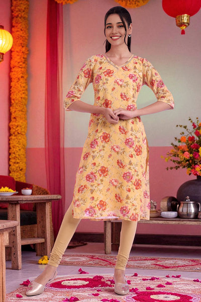 Yellow Floral Printed Embellished Georgette Straight Kurta