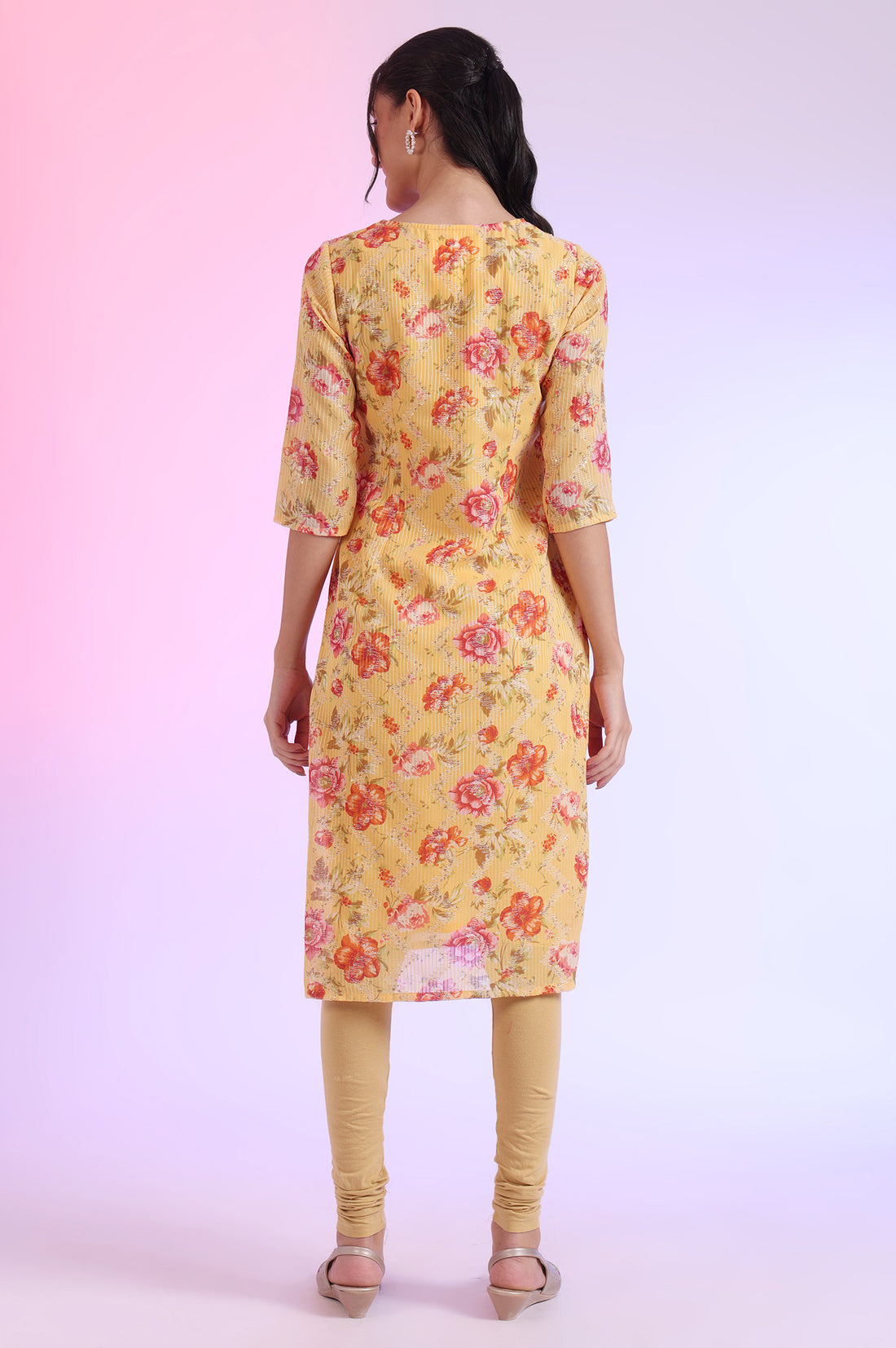 Yellow Floral Printed Embellished Georgette Straight Kurta