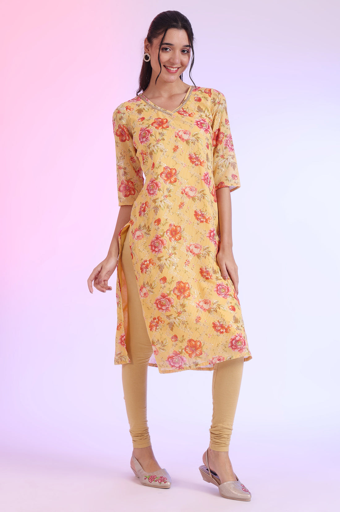 Yellow Floral Printed Embellished Georgette Straight Kurta