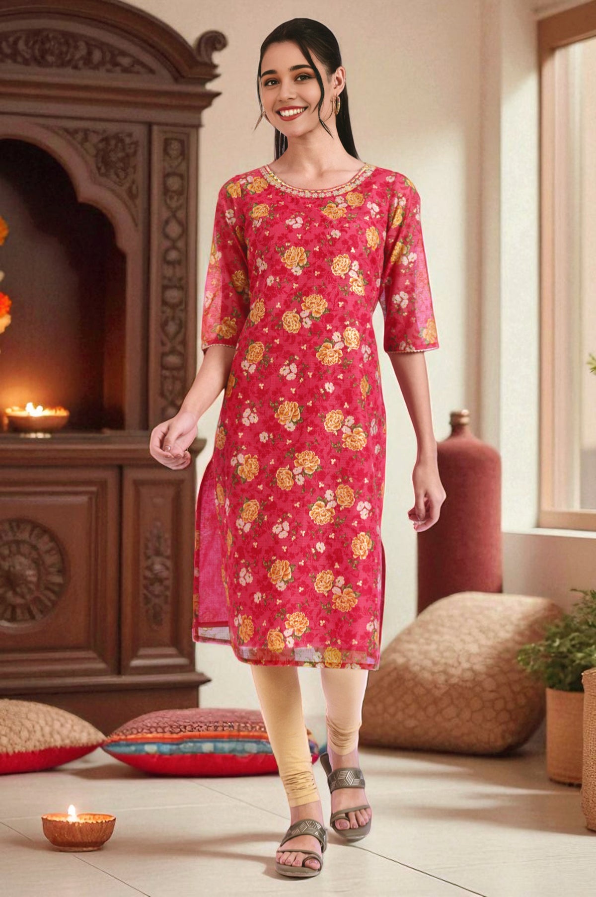 Carmine Pink Floral Printed Kota Straight Kurta - XS