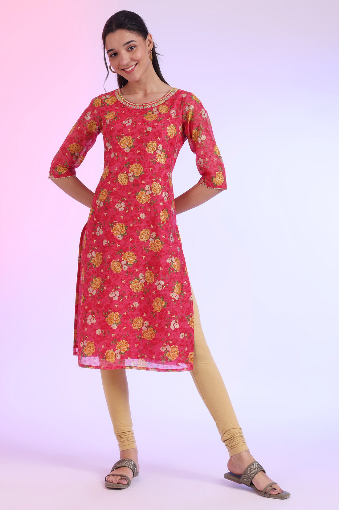 Carmine Pink Floral Printed Kota Straight Kurta
