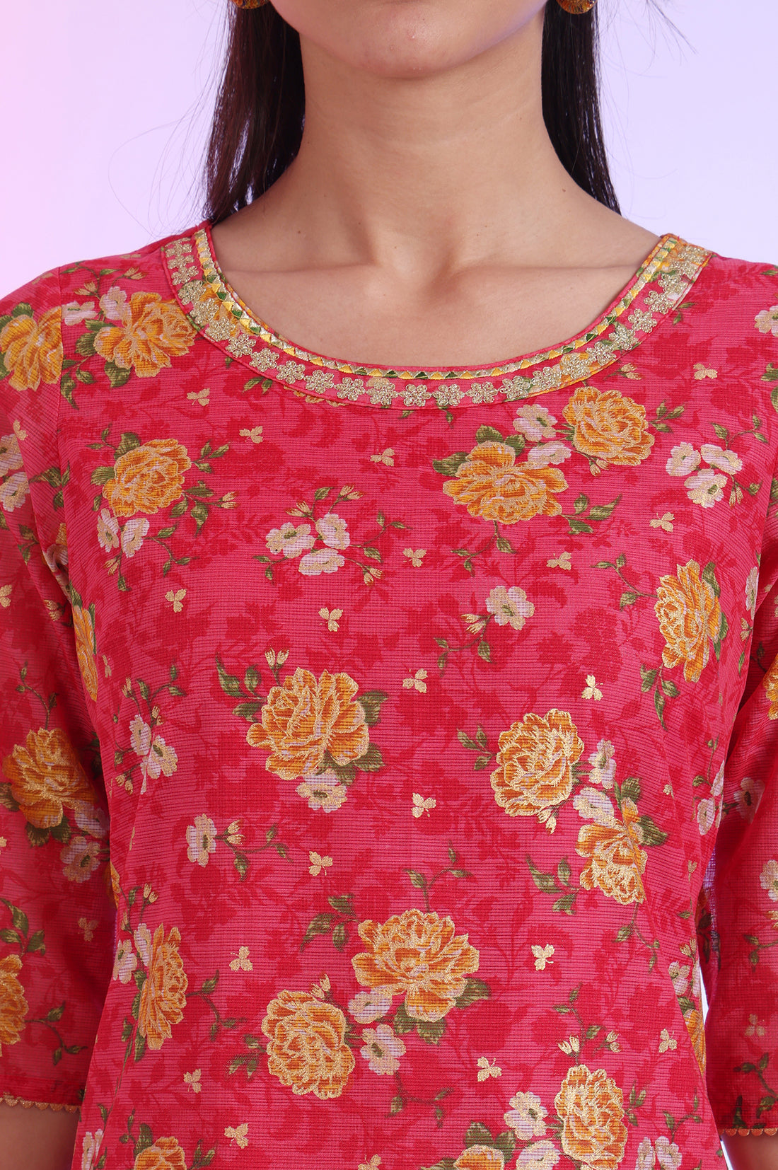 Carmine Pink Floral Printed Kota Straight Kurta