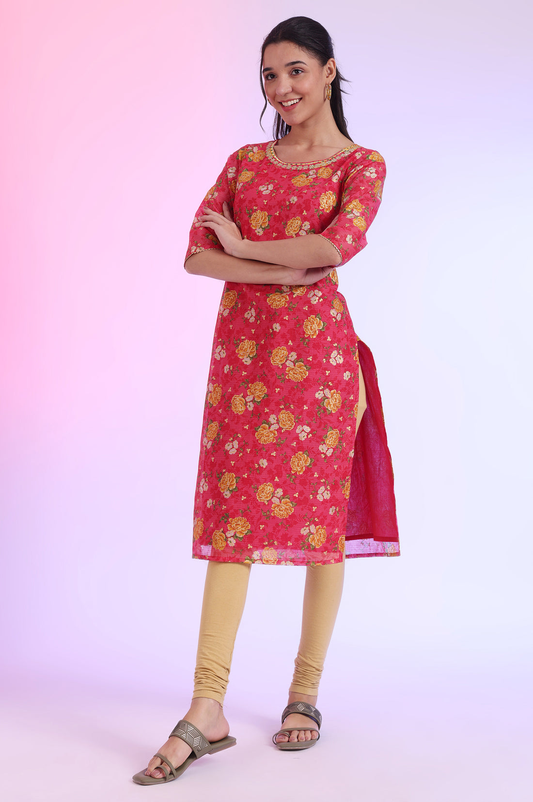 Carmine Pink Floral Printed Kota Straight Kurta