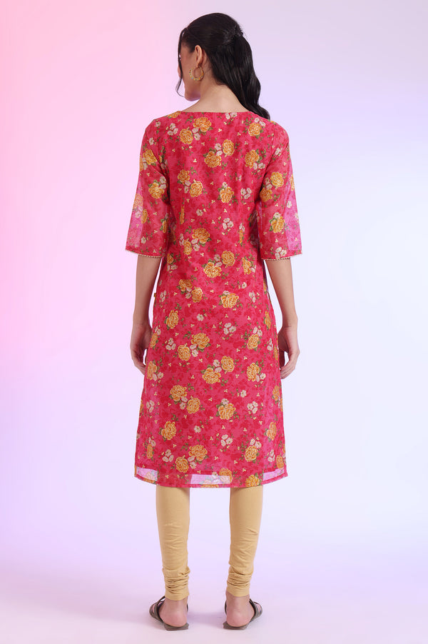 Carmine Pink Floral Printed Kota Straight Kurta