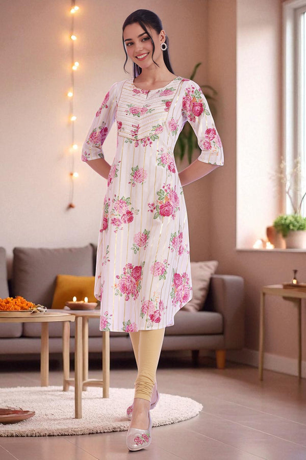 White Floral Printed Cotton Lurex A-line Kurta