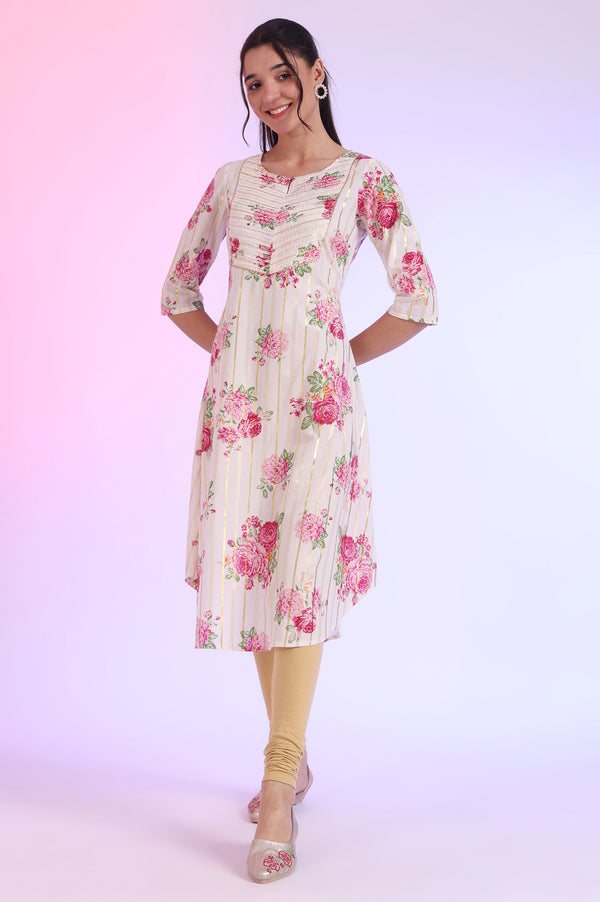 White Floral Printed Cotton Lurex A-line Kurta