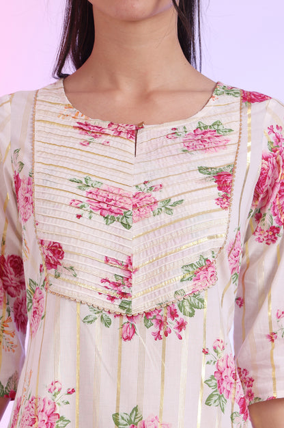 White Floral Printed Cotton Lurex A-line Kurta