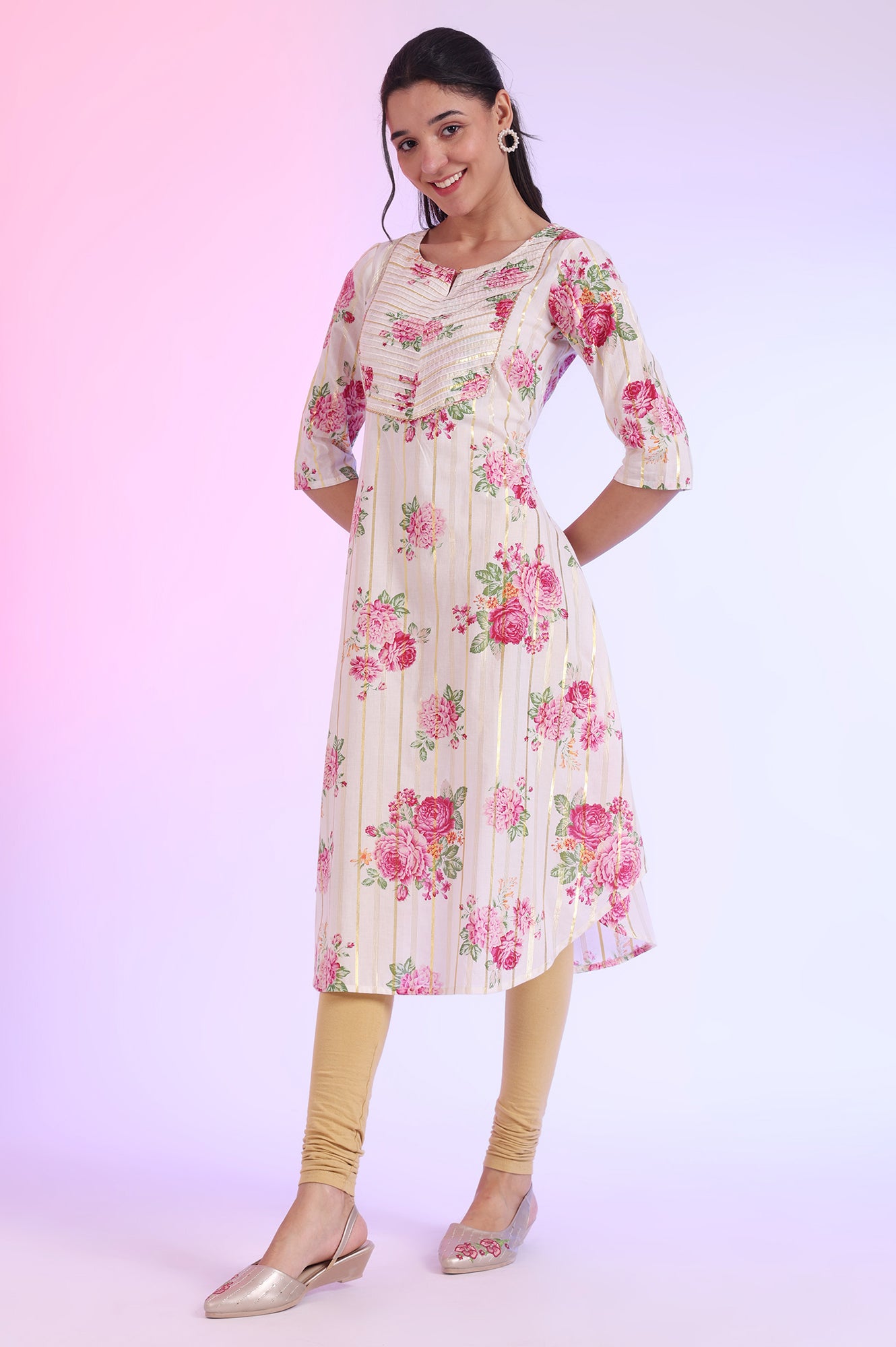 White Floral Printed Cotton Lurex A-line Kurta