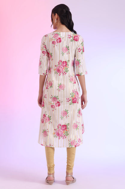 White Floral Printed Cotton Lurex A-line Kurta