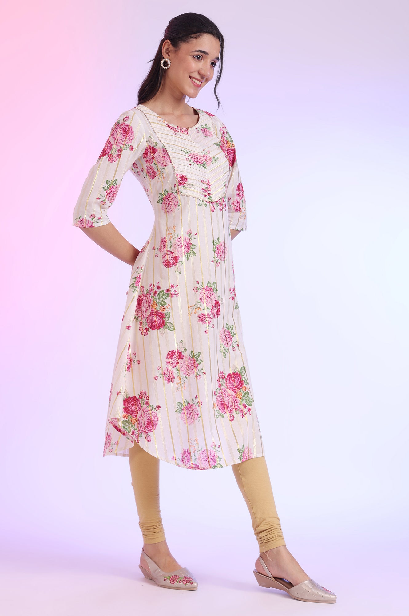 White Floral Printed Cotton Lurex A-line Kurta