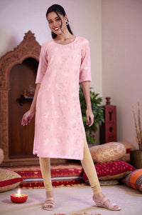 Pastel Pink Floral Printed Embellished Kota Straight Kurta