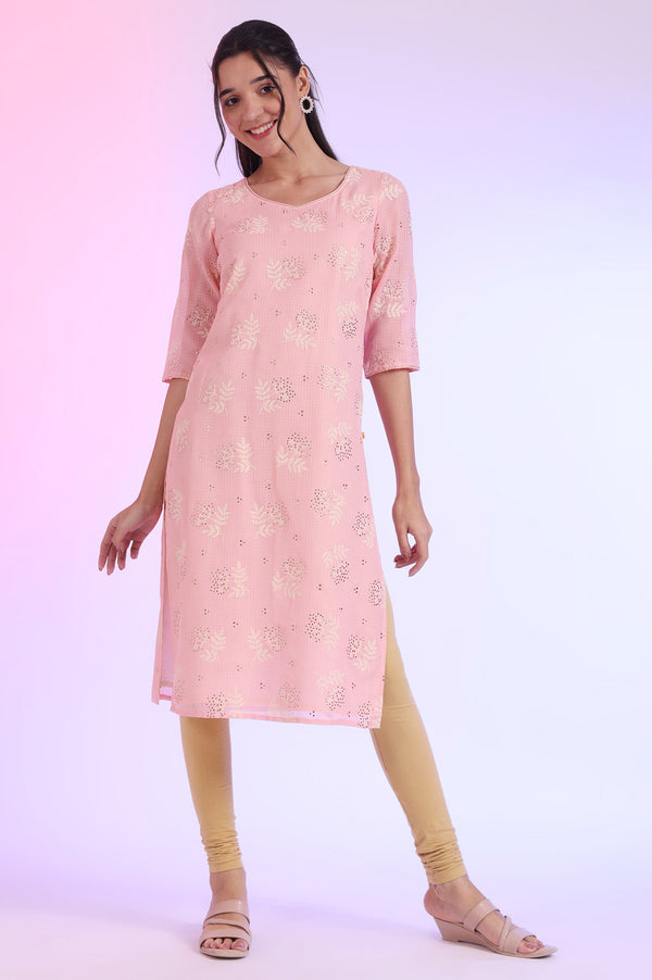 Pastel Pink Floral Printed Embellished Kota Straight Kurta