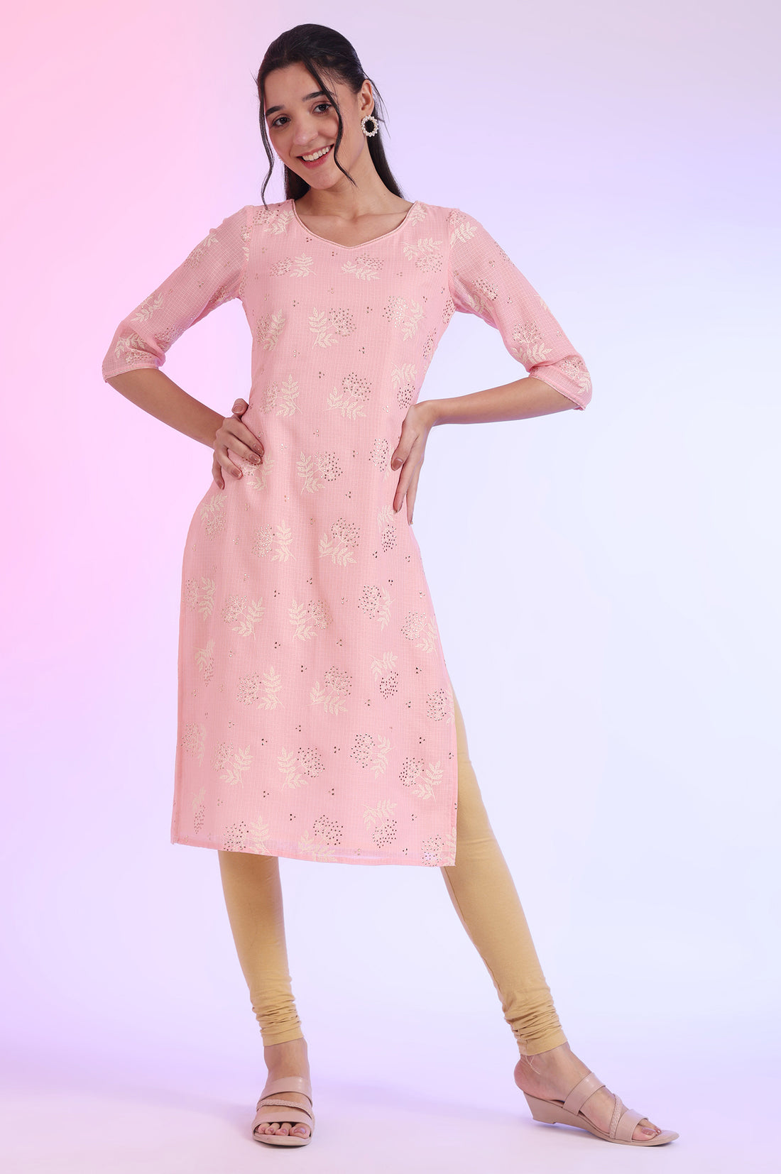 Pastel Pink Floral Printed Embellished Kota Straight Kurta