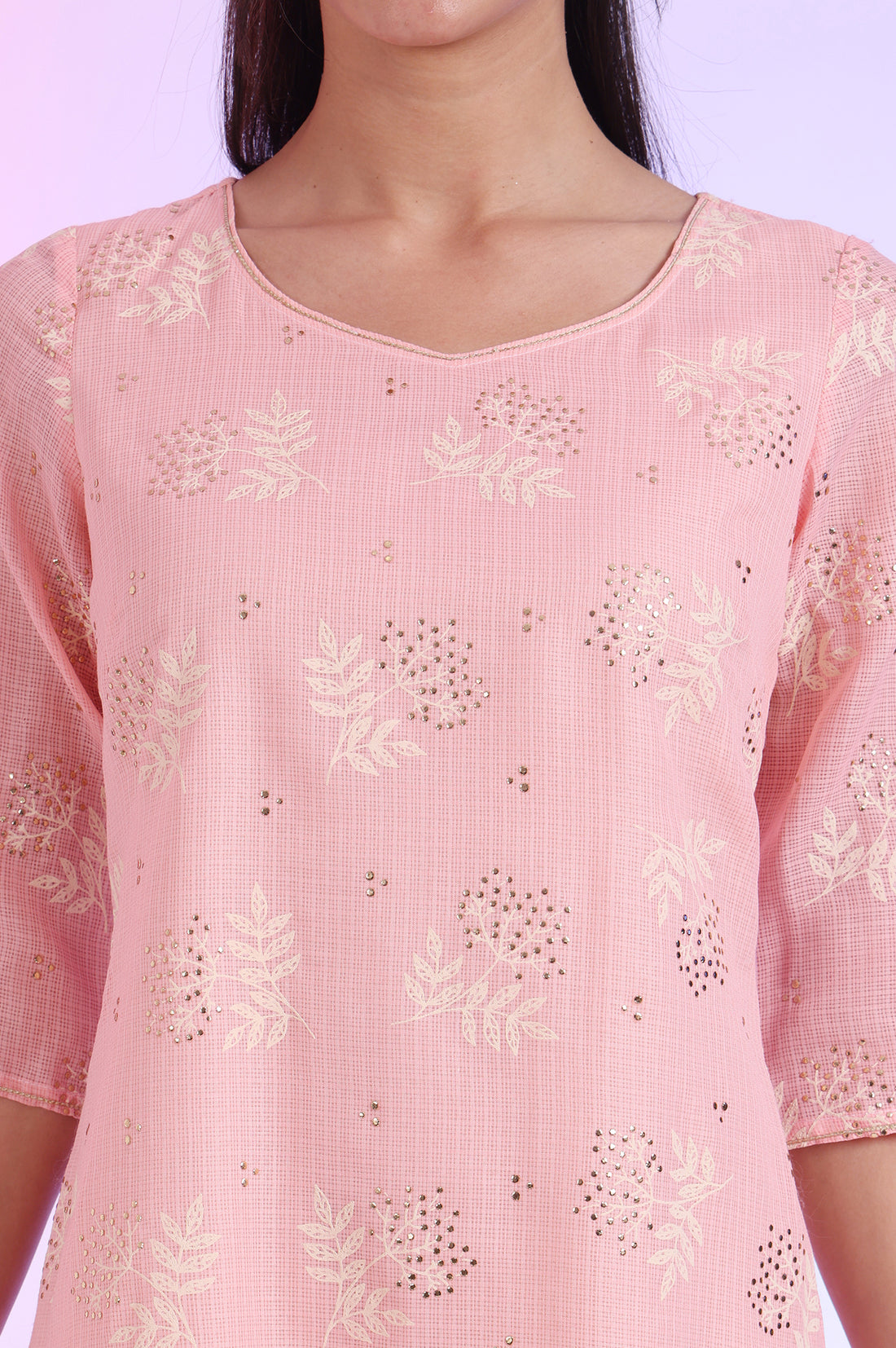 Pastel Pink Floral Printed Embellished Kota Straight Kurta