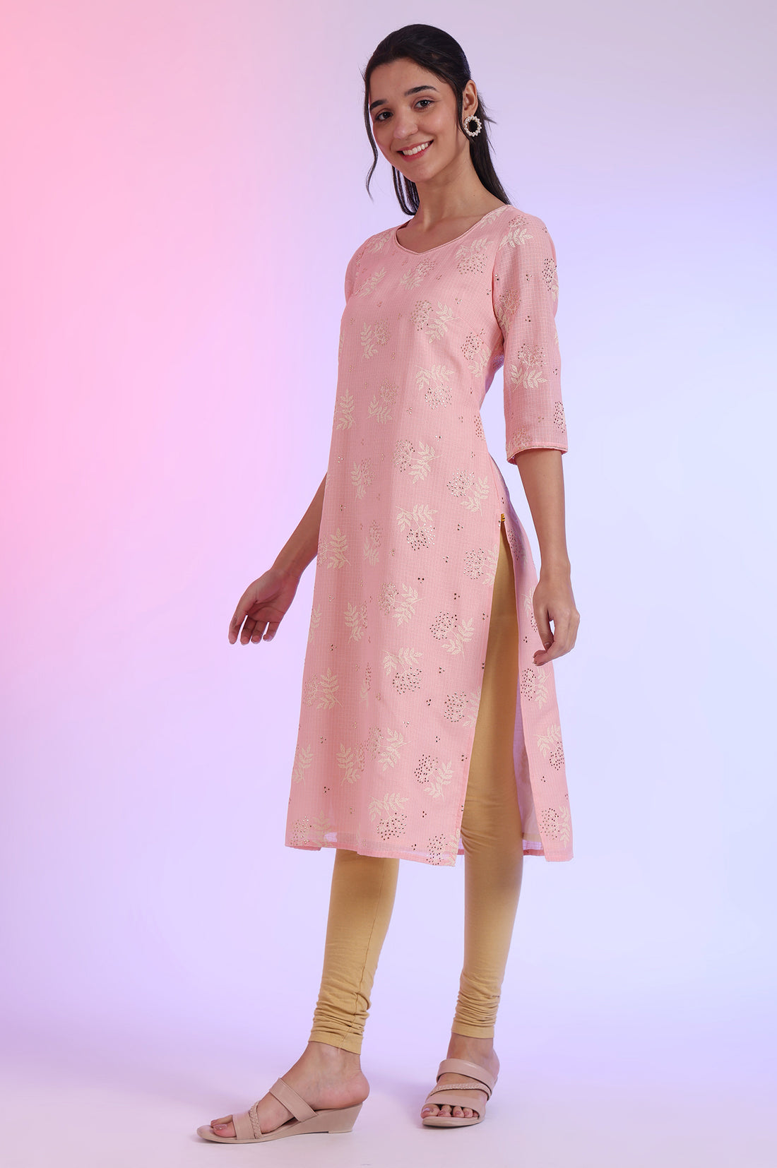 Pastel Pink Floral Printed Embellished Kota Straight Kurta